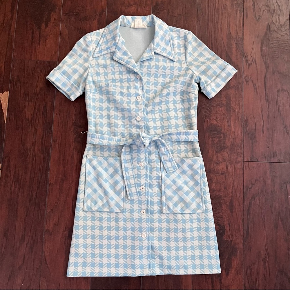 Vintage Kim O’Hare Light Blue Plaid  Belted Button Front Dress Size 5